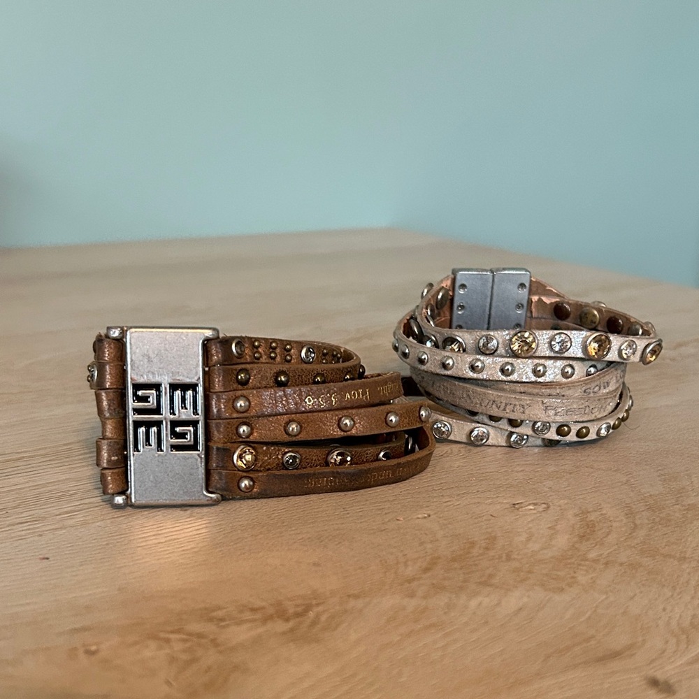 Brown and Silver Studded Leather Bracelets Religious Sayings
